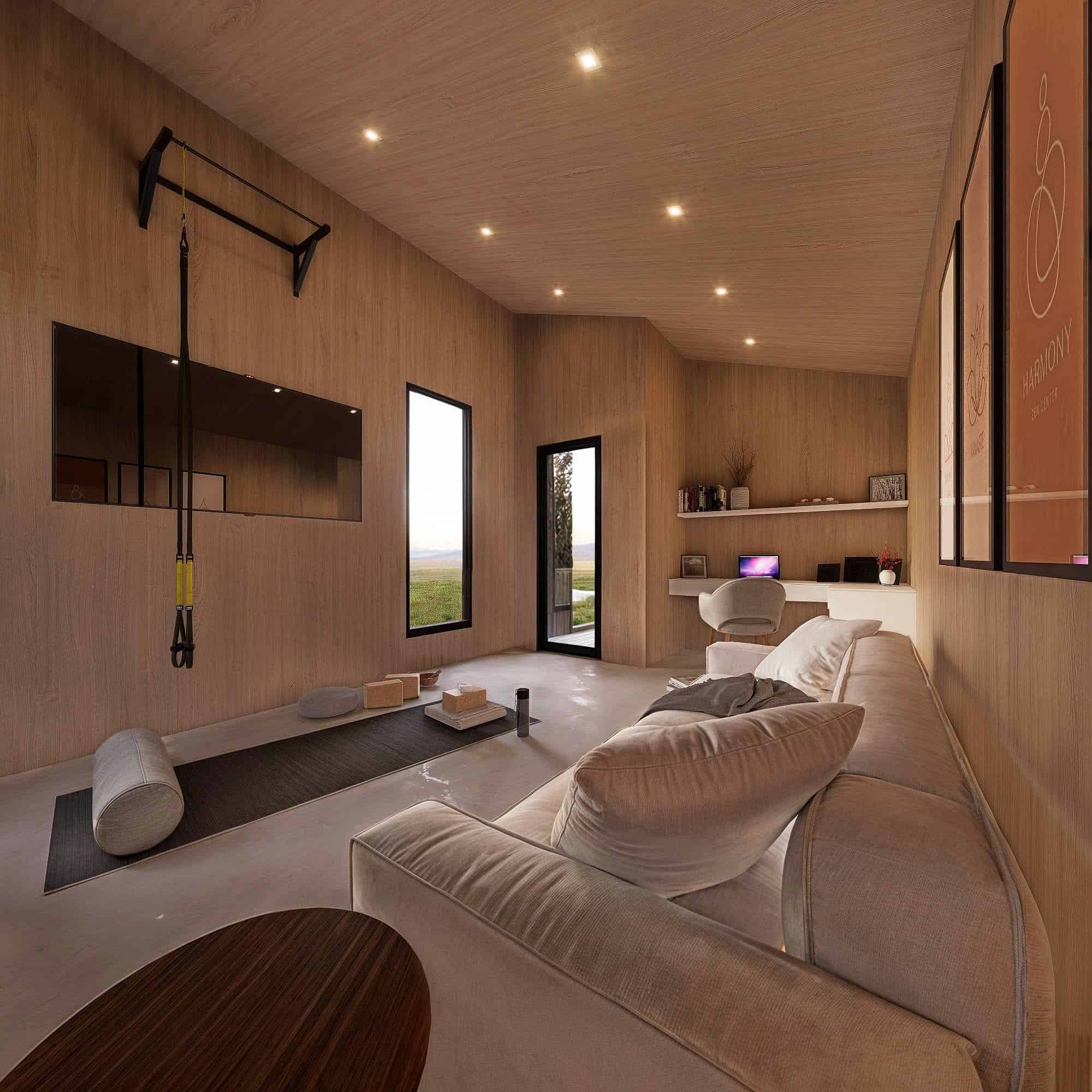Backyard studio used for an office and yoga space