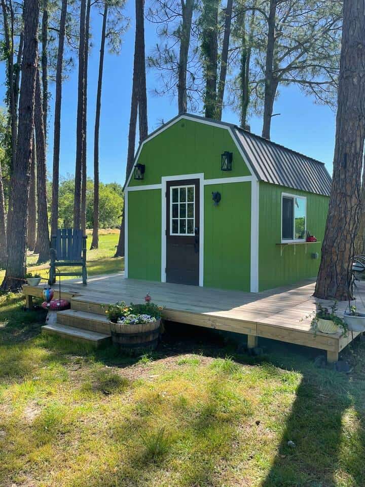 Small green tiny house with deck and surrounding trees in a peaceful outdoor setting.