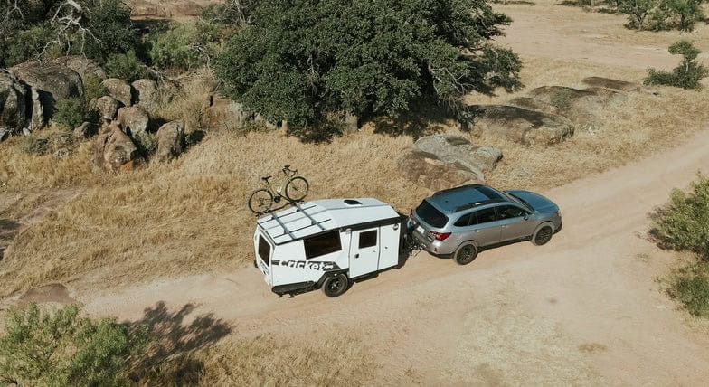 TAXA Cricket camper aerial perspective in scenic location