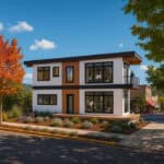 Contemporary tiny house with large windows and balcony in a scenic neighborhood.