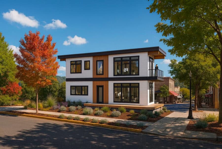 Contemporary tiny house with large windows and balcony in a scenic neighborhood.