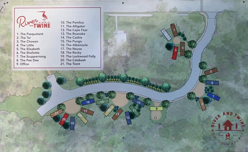 Map of River and Twine tiny house community with numbered units and surrounding landscape.