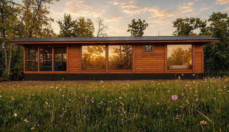 Shoreline cabin exterior with cedar siding and a black metal roof at golden hour, Canoe Bay Village Lot 17