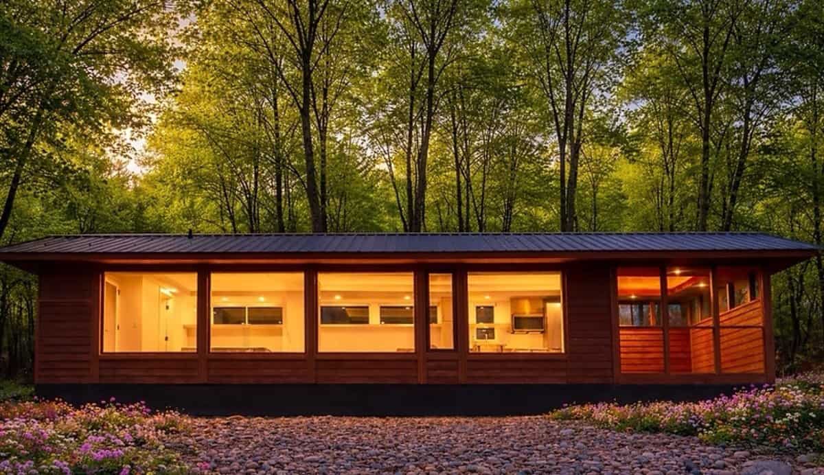 SHORELINE Glass House exterior at dusk with cedar siding and glowing windows among the trees at Canoe Bay Village Lot 21