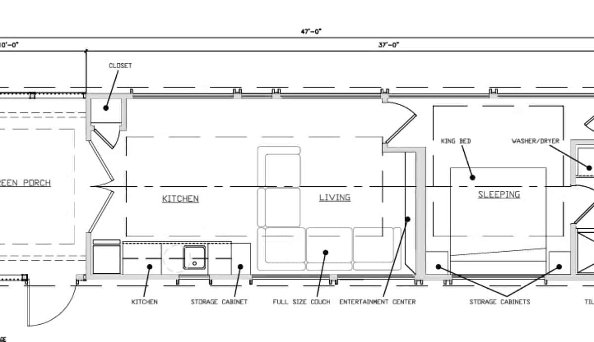 Floor plan of the SHORELINE Glass House Lot 21 showing the screened porch, kitchen, living area, and king sleeping area across 47 feet