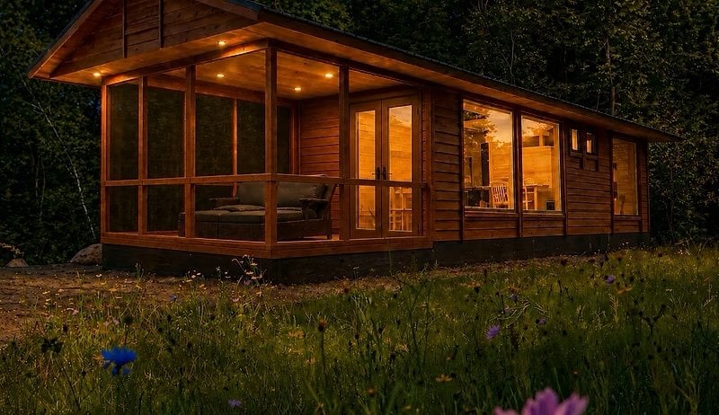 King bedroom with white bedding under a vaulted pine ceiling and a floor-to-ceiling glass wall framing the lake at the Shoreline Lot 16