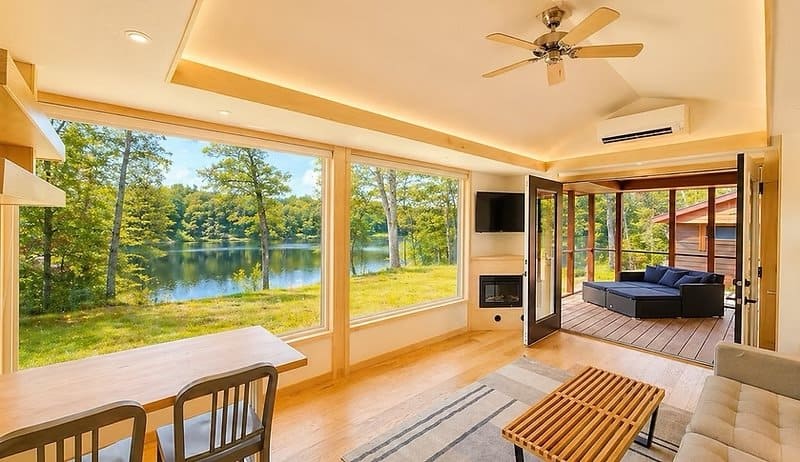 Open living and dining area with glass French doors opening onto the screened porch and lake views at the Shoreline Lot 17