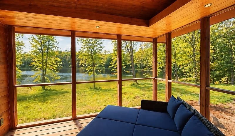Cedar-ceiling screened porch with a blue sectional daybed overlooking the lawn and Mallard Lake at the Shoreline Lot 17