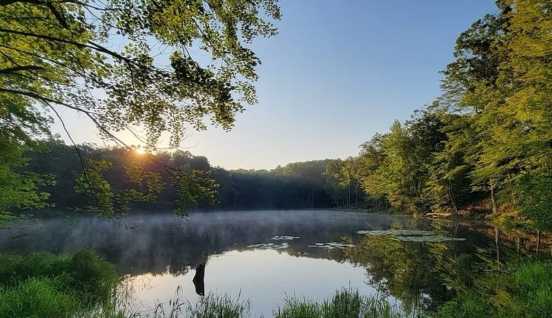Misty sunrise over Lost Lake at Canoe Bay Village