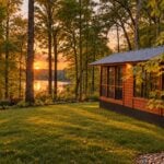 Shoreline XL Lot 26 tiny home exterior overlooking Lost Lake at Canoe Bay Village
