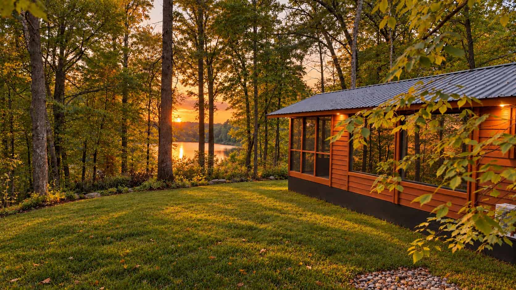 Shoreline XL Lot 26 tiny home exterior overlooking Lost Lake at Canoe Bay Village