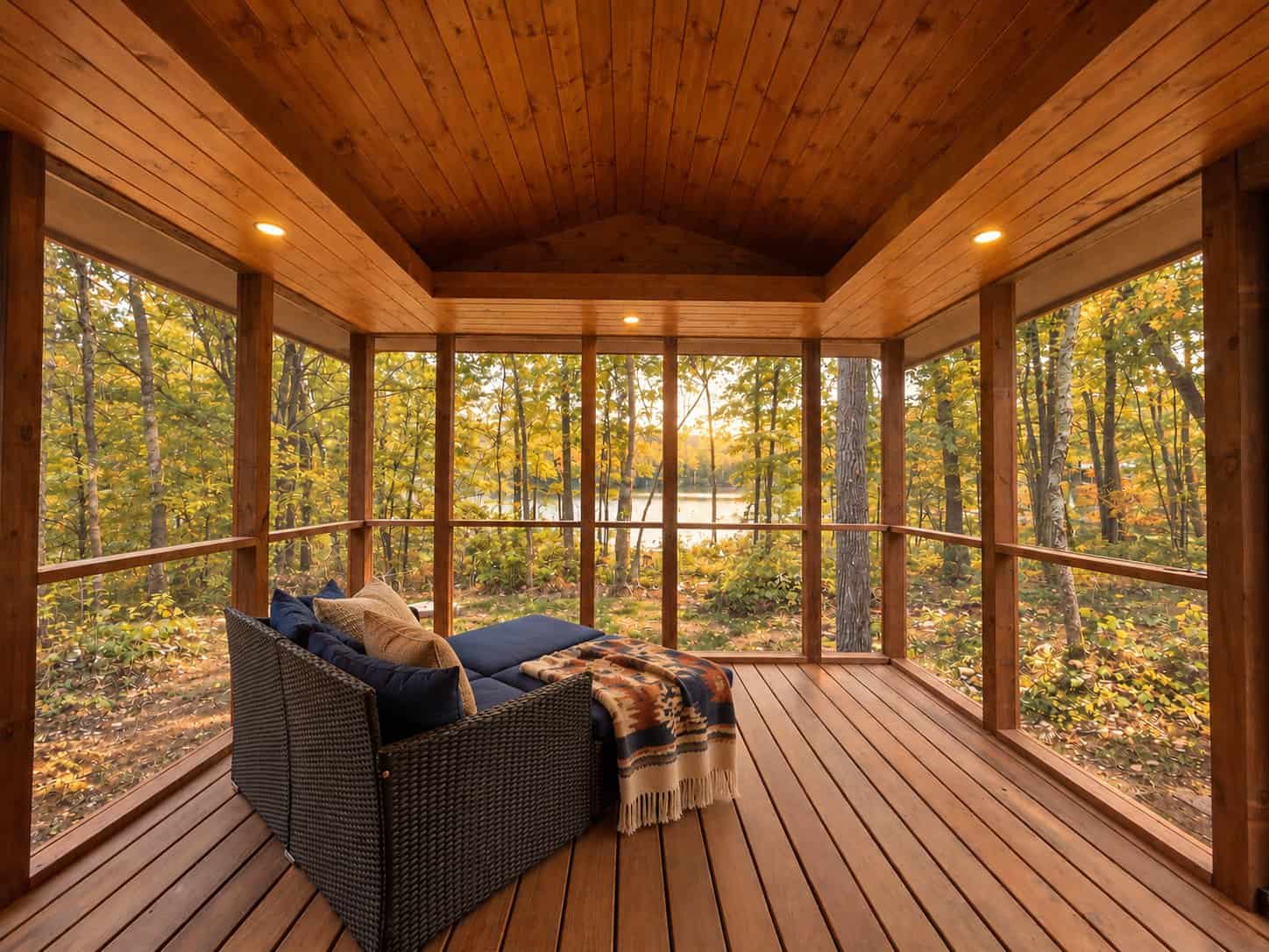 Screened porch with lake views at Shoreline XL Lot 26 Canoe Bay Village