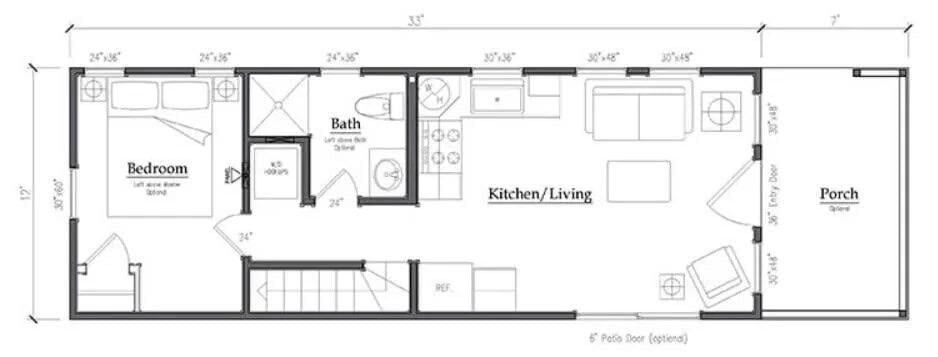 Floor plan of a 12 by 33 foot park model with bedroom at one end, bath and washer-dryer hookups in the middle, kitchen and living area, and an optional 7-foot porch
