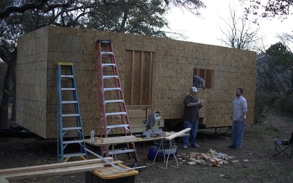Sheathing installed on Steves tiny house thanks to his friends, he had flu