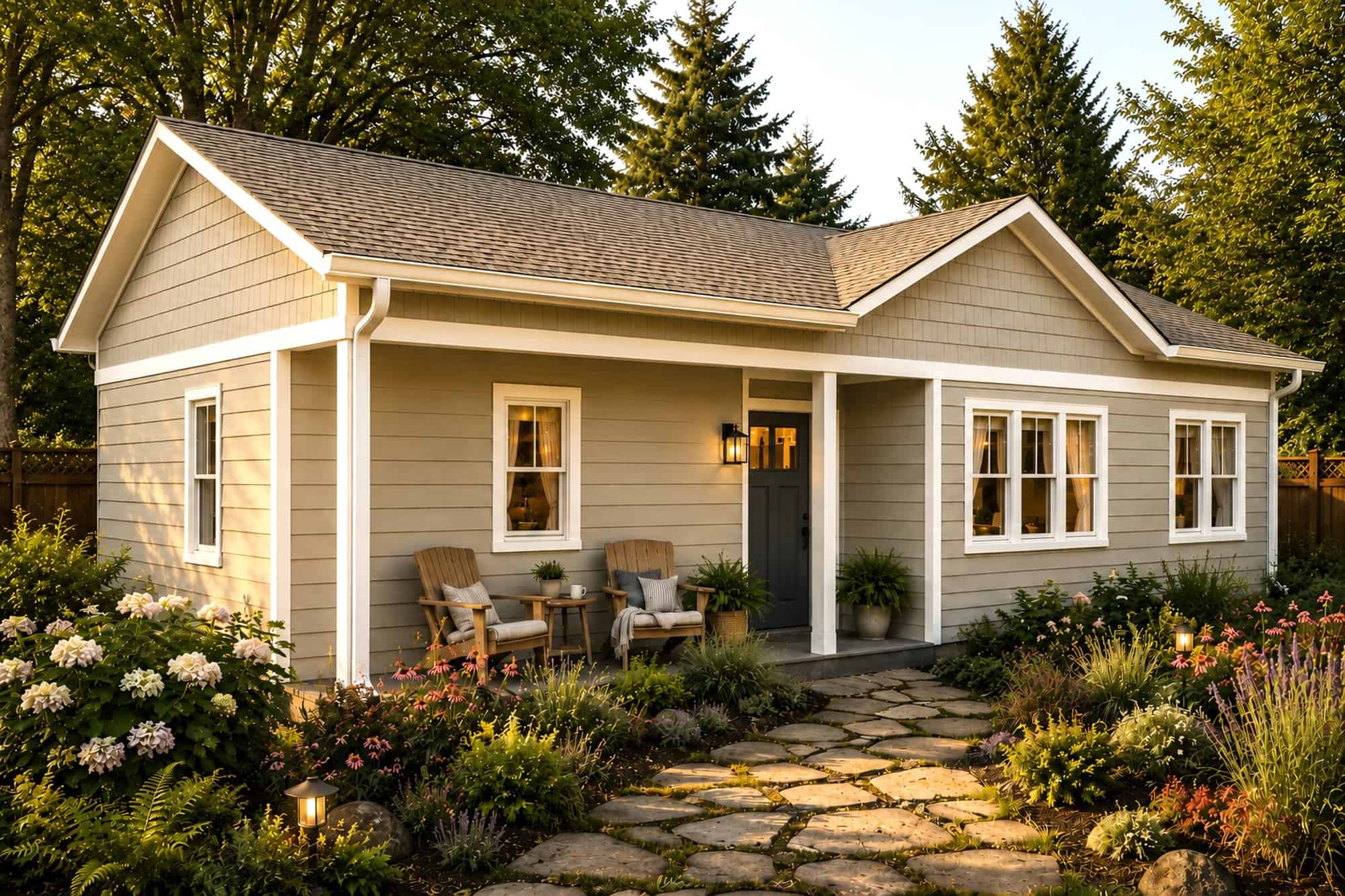 Laurel 650 Craftsman ADU exterior front three-quarter view in sandstone finish by Studio Home