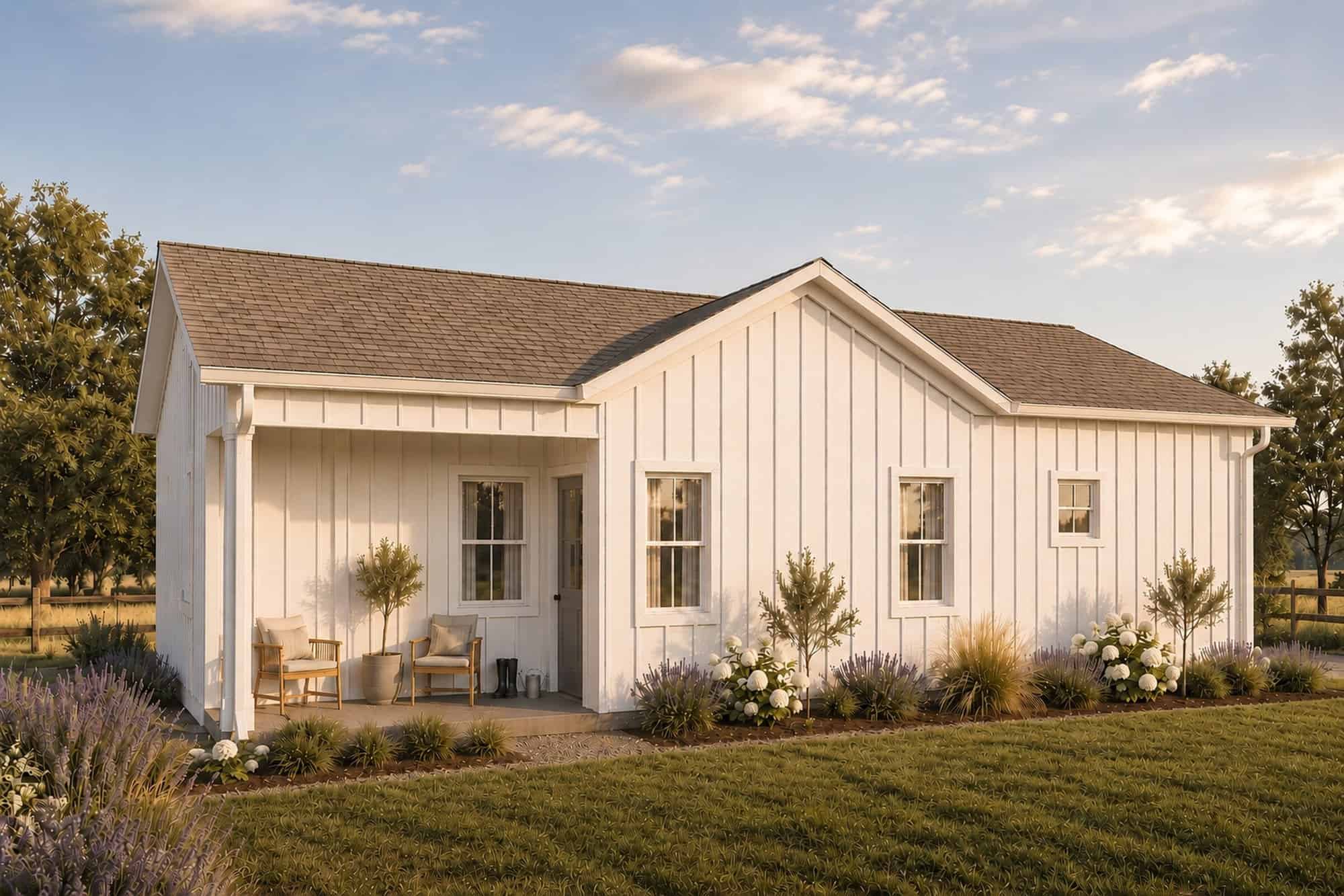Rendering of the rear of the Studio Home Laurel Farmhouse ADU with board-and-batten siding