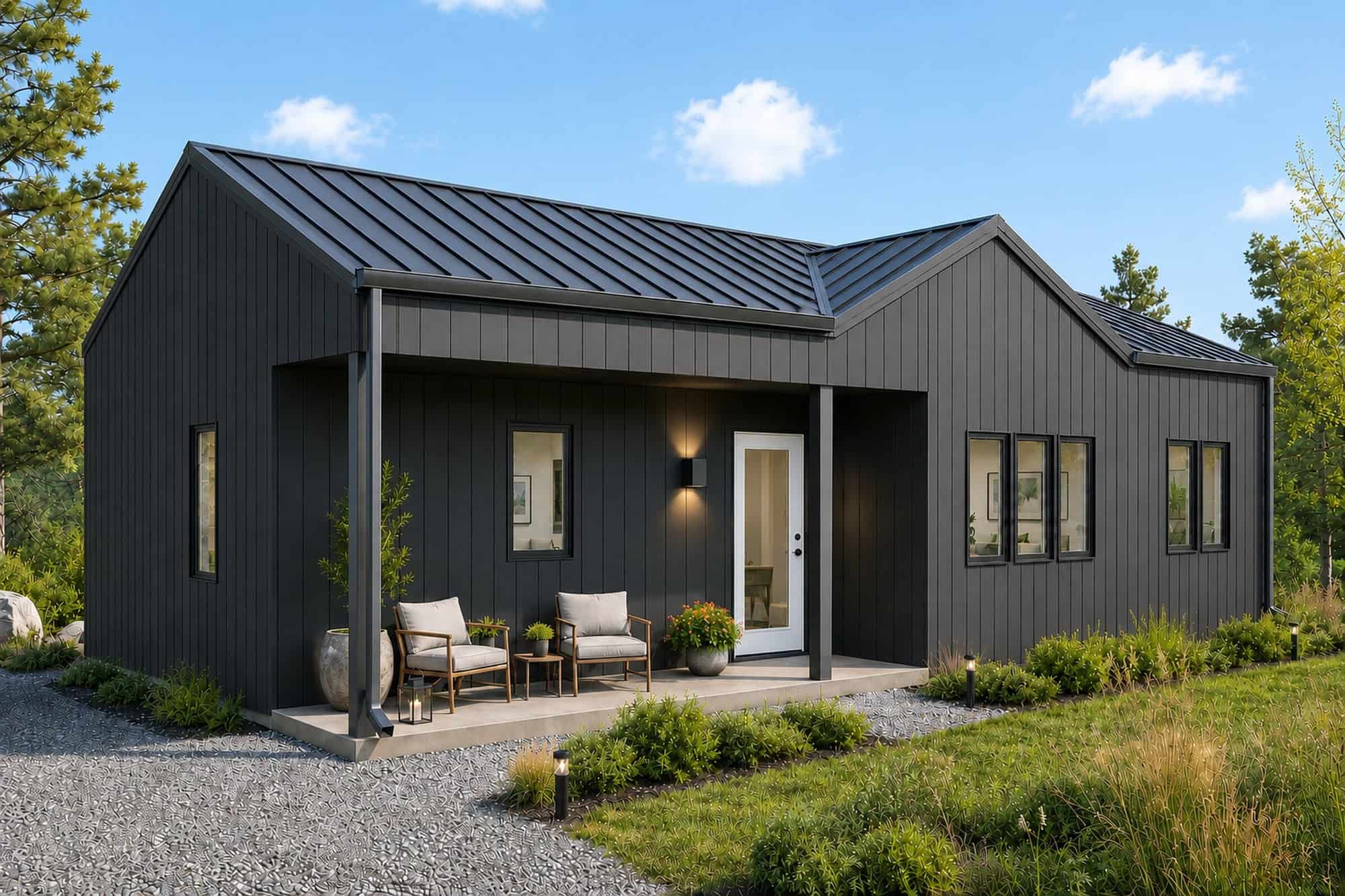 Laurel 650 Modern ADU exterior front three-quarter view in ironclad finish by Studio Home