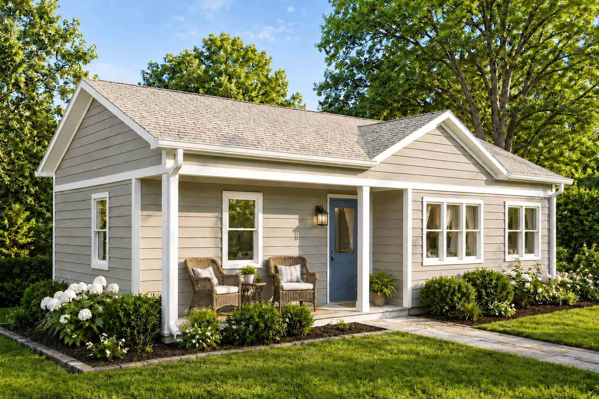 Laurel 650 Traditional ADU exterior front three-quarter view in foggy wharf finish by Studio Home