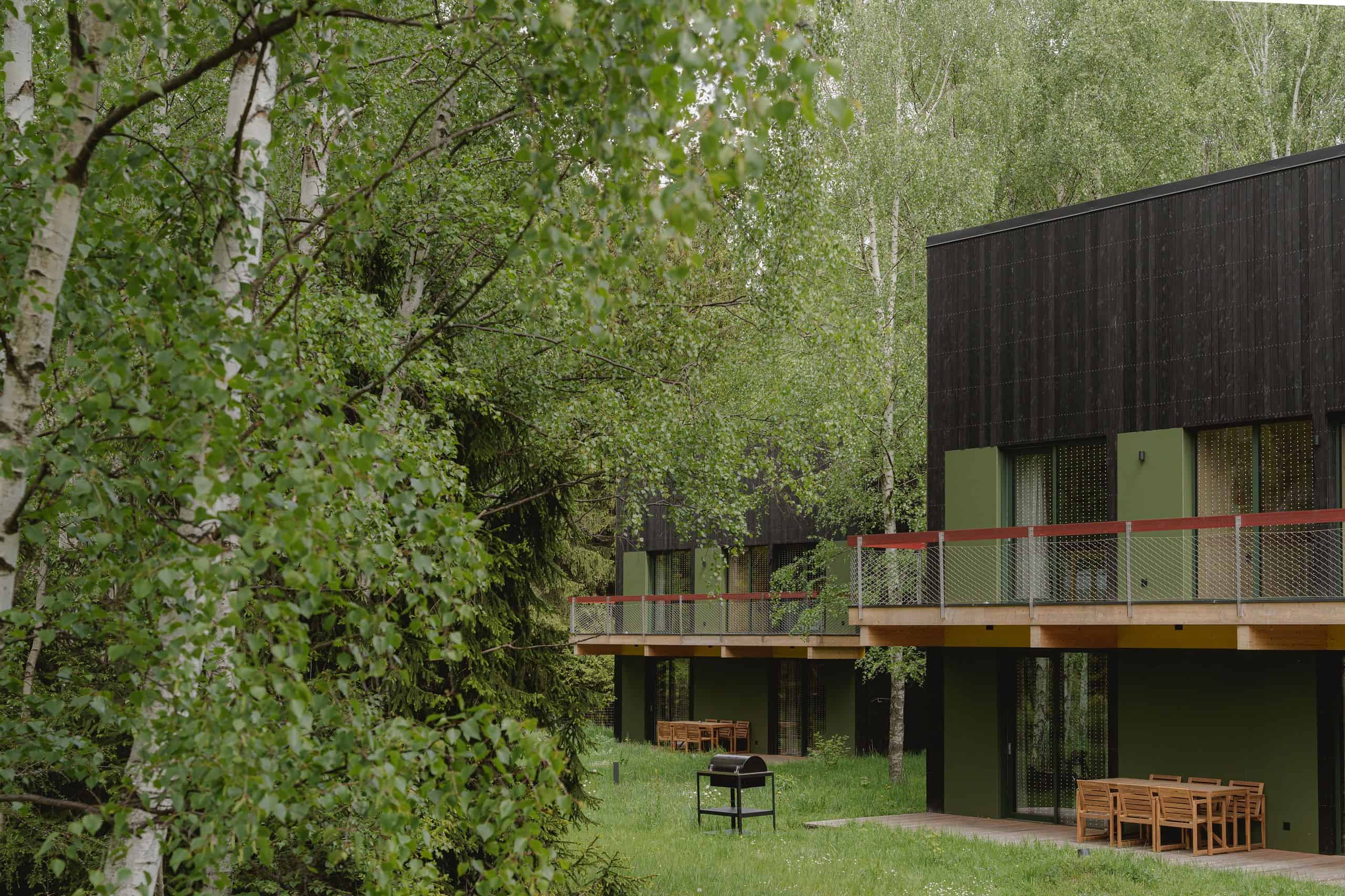 Two two-level black Studzienno 27 cabins among birch trees, with green window bays, balconies, and deck tables