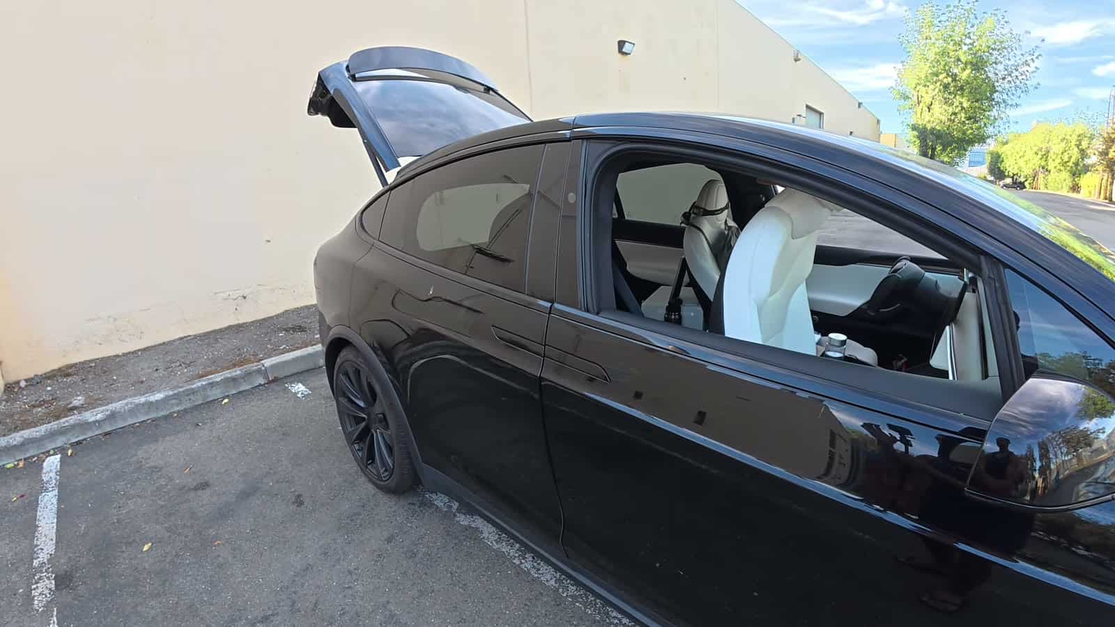 Black Tesla Model X camper with its falcon wing rear door raised