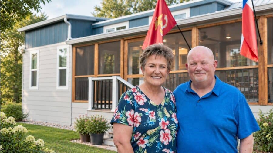 Pam and Jeff in front of their park-model tiny home with screened porch, dual-tone siding, entry stairs, and lawn at The Oaks on 37