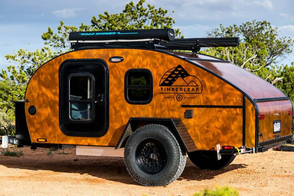 Amber-finished Timberleaf Classic teardrop side profile with TIMBERLEAF logo in high-desert scrub