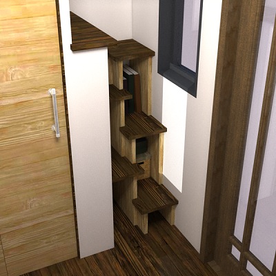 Staircase with Storage to Sleeping Loft in Nook Tiny House Plans