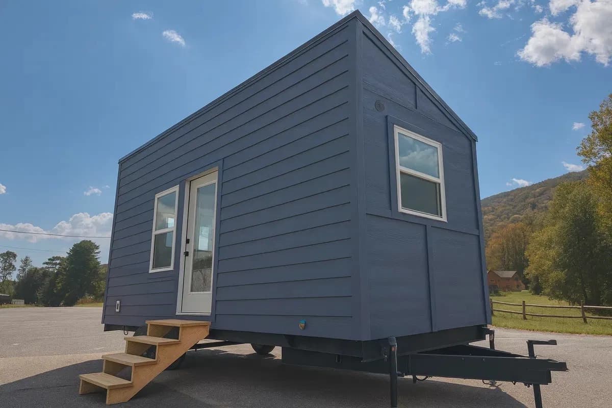 Exterior view of the 8x20 tiny house with white-framed windows