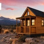 Honey-cedar Tumbleweed Elm on a trailer at dusk: gothic-arch window over a covered porch with turned posts, stone fire pit and Adirondack chairs, snow-capped mountains, ELM wordmark