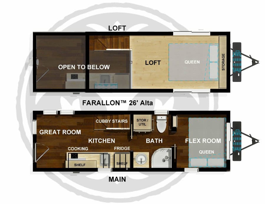 Floor plan of the FARALLON 26 Alta used tiny home for sale: loft queen, great room, kitchen, bathroom, and flex room with a queen