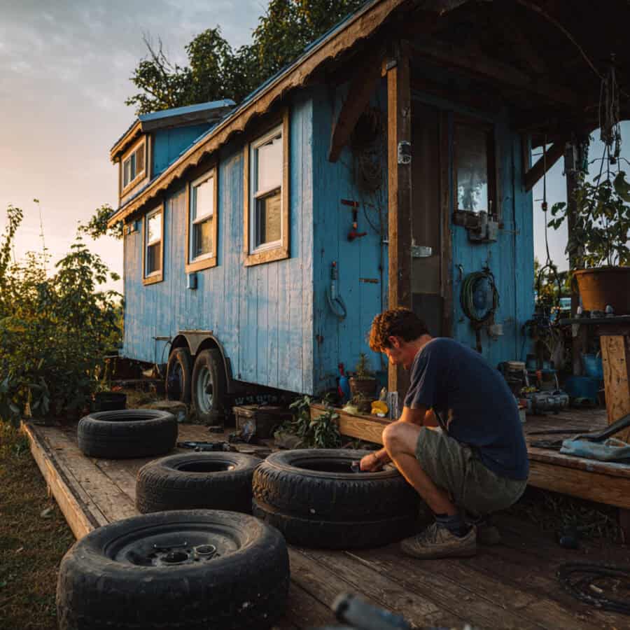 Trailer tires on a tiny house showing signs of wear and deterioration.