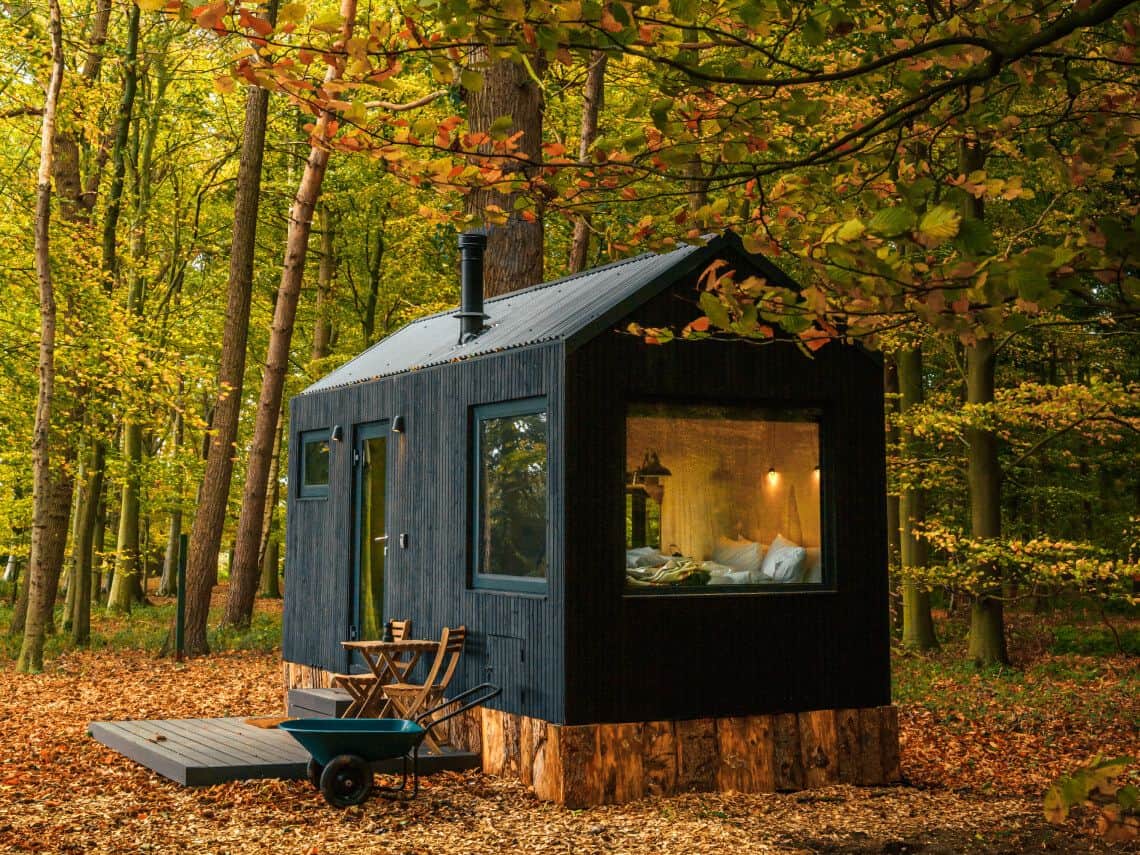 Dark gabled cabin on log piers in autumn leaves, black vertical siding, chimney on the ridge, two chairs and a table on a low deck, teal wheelbarrow in the leaves, bed visible through the end window