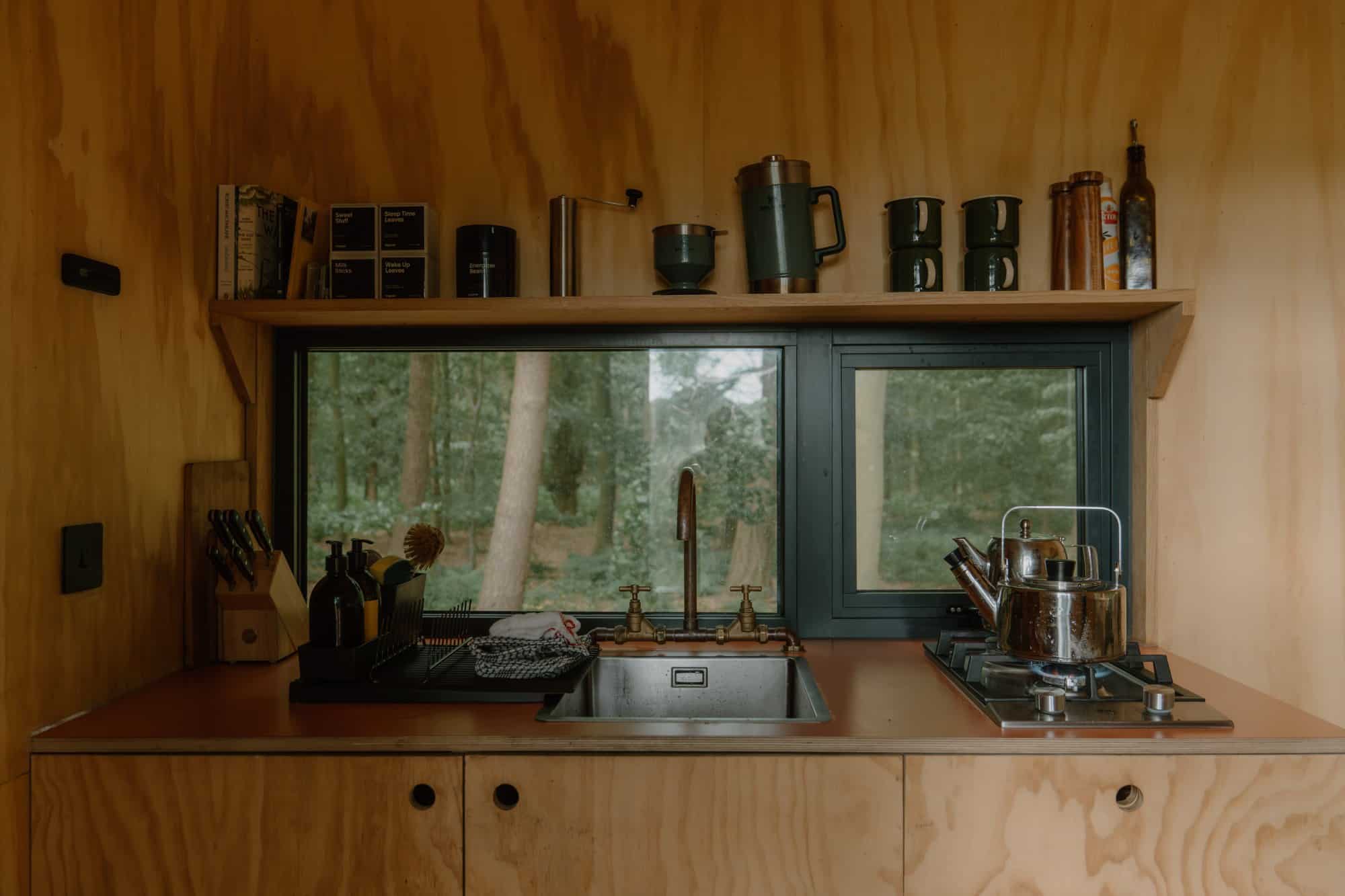 Plywood kitchen under a forest window: two-burner gas stove with kettle, square stainless sink, brass faucet, open shelf with coffee grinder, green mugs, and books