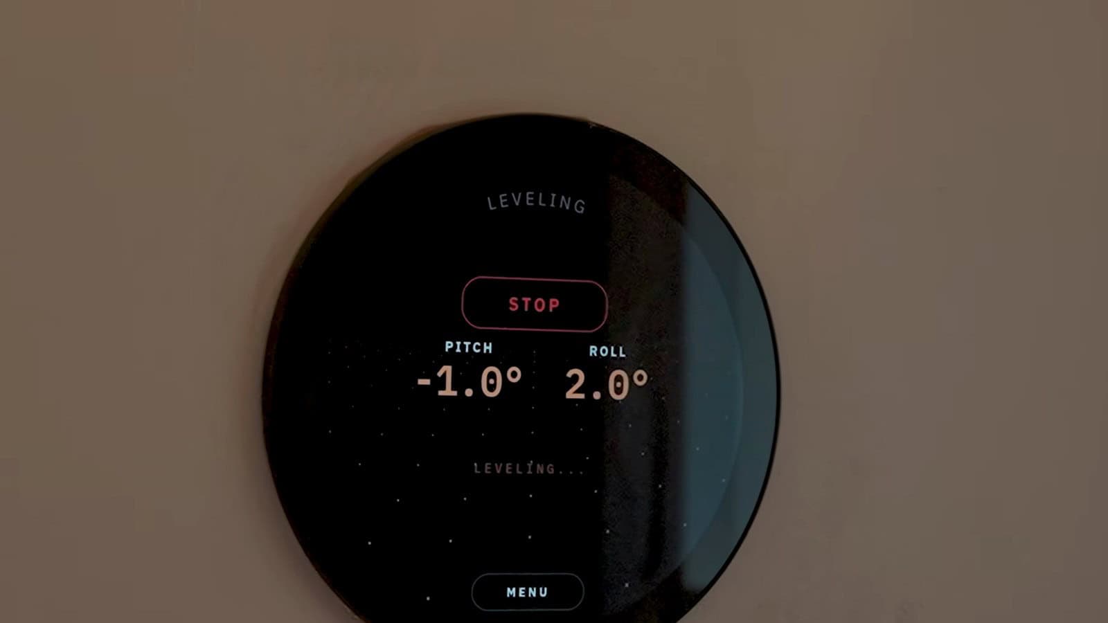 Uplift Micro Home onboard leveling display showing pitch and roll readings