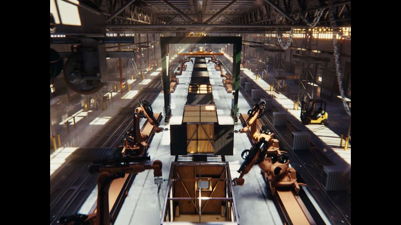 Rendering of Uplift micro homes moving down an automated factory production line