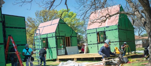 students building tiny houses
