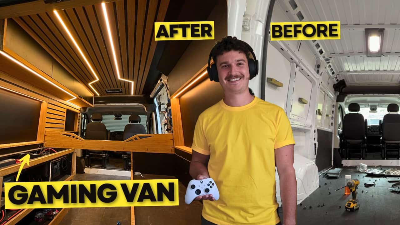 Before and after of a converted gaming van with cozy interior lighting.