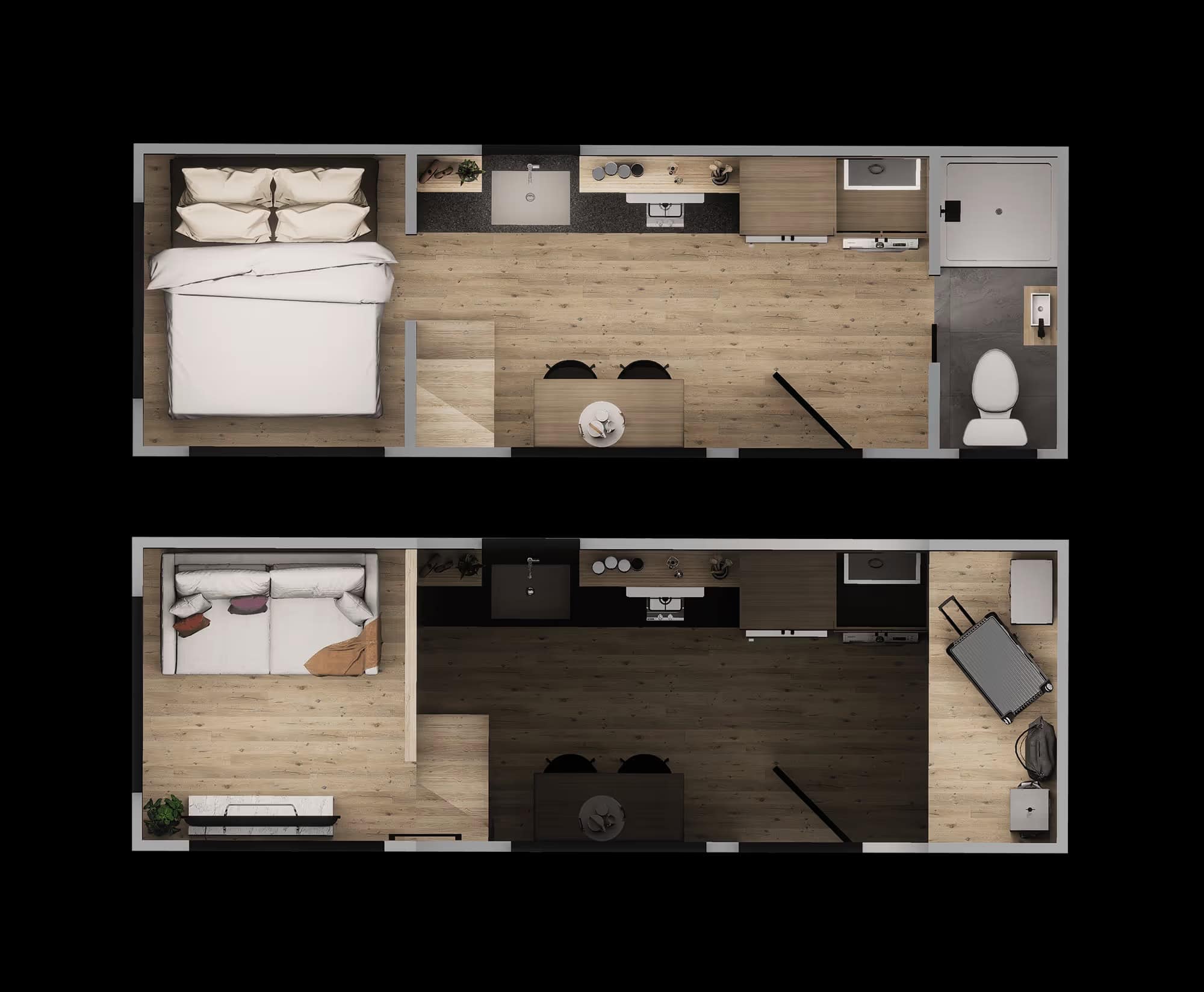 Two overhead floor plan renders of the 24-foot Wind River Pingora Reverse Loft: the top shows the main level with bed, galley kitchen, dining table and rear bathroom, the bottom shows the same footprint with the lofted living area and sofa positioned above the sleeping nook