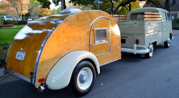 Vintage VW Truck Towing Classic Hand Built Wooden Teardrop Camper