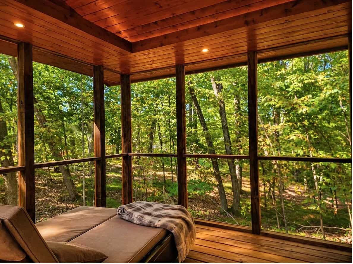 Screened-in porch with a cedar tongue-and-groove ceiling and a cushioned chaise looking out into the surrounding hardwood forest at the Woodland Lot 12