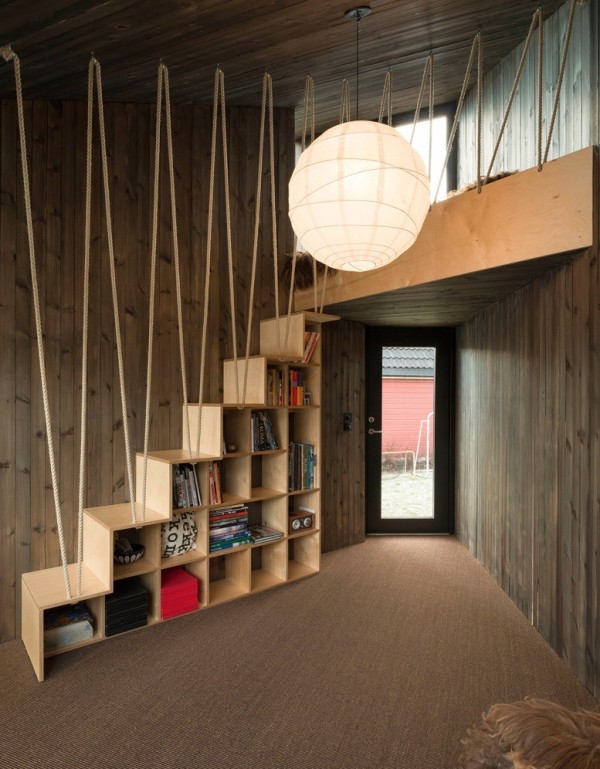 zig zag rope staircase with built in bookshelves 